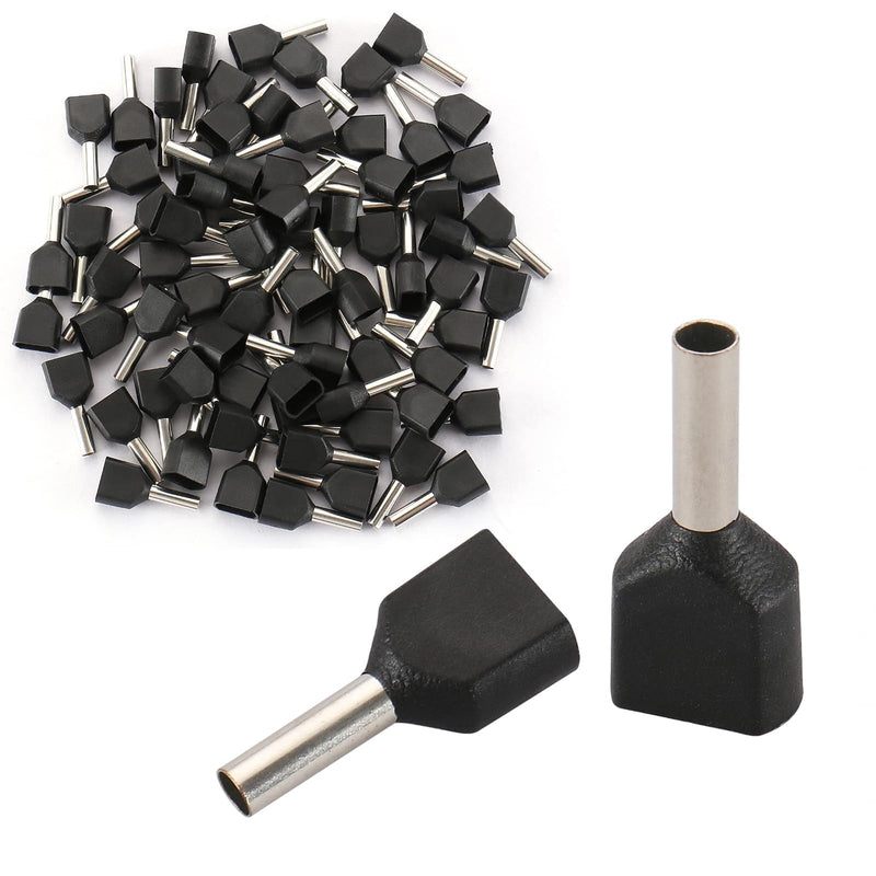 BAOMAIN 100-Pack 16 AWG Twin Wire Ferrules, Black TE1508 Dual Wire Crimp Connectors, Tin-Plated Copper Pin Cord End Terminals for DIN Rail