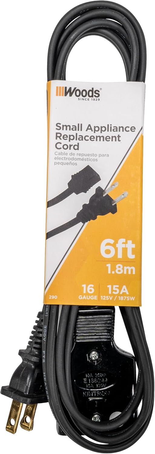 Southwire Appliance Cord with Slotted Mini Plug - Built for Kitchen Heat Appliances - Moisture & Abrasion Resistant Vinyl - Black - 6 Foot - HPN