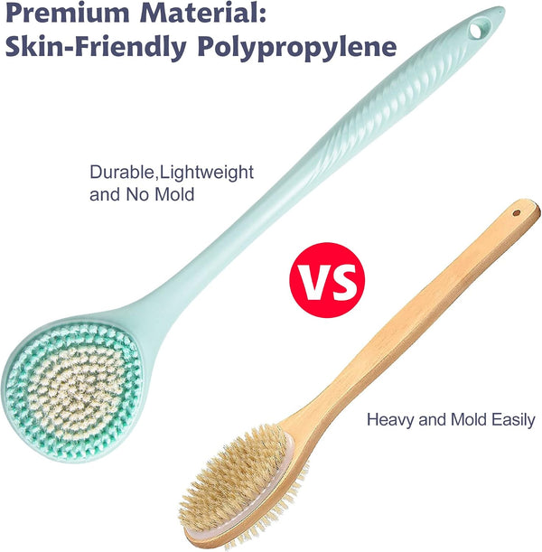BEDELITE Back Scrubber for Shower, Long Handle 16.4 Inches, Blue, 1 Pack | Soft Back Brush for Shower, Exfoliating Scrubber, Non-Slip Curved Long