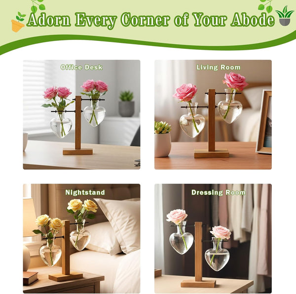 XXXFLOWER Plant Propagation Station Terrarium Wooden Stand 2 Love Bulb Vase Transparent