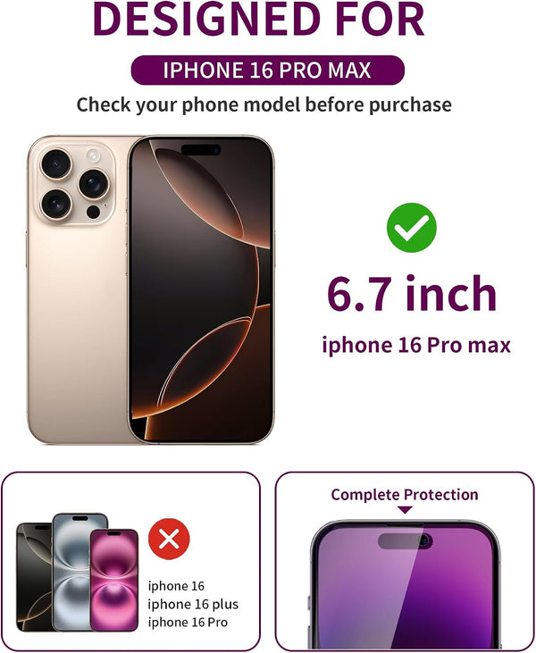 2 Pack Privacy Screen Protector for iPhone 16 Pro Max Tempered Glass 6.9inch Private Saver Anti-Spy Eye Protection Anti-Scratch Full Coverage