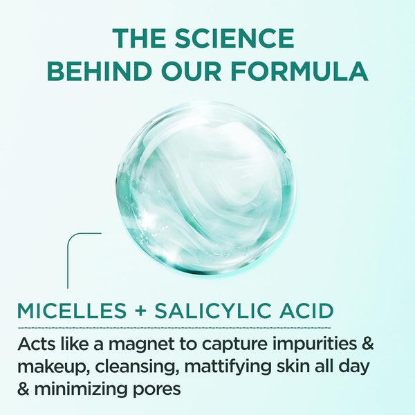 Garnier Micellar Water with Salicylic Acid, All-In-1 Mattifying Facial Cleanser and Makeup Remover for Oily and Acne Prone Skin, 13.5 Fl Oz