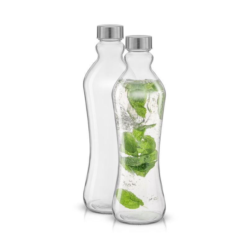 Joyjolt Glass Water Bottles - 2Pc Set, 32 Oz/1 Liter, Clear Glass with Stainless Steel Lids, Leakproof, Ideal for Juicing or Iced Tea