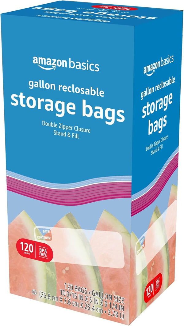 Amazon Basics Reclosable Gallon Food Storage Bags, BPA Free, 120 Count