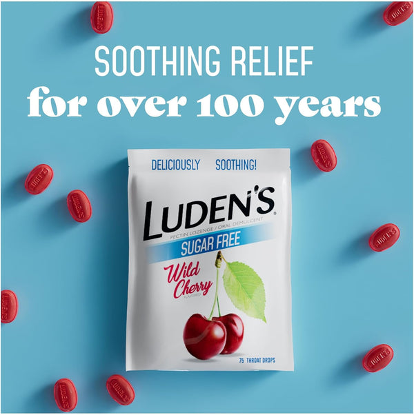 Luden's Sore Throat Relief Lozenges for Minor Everyday Irritation & Dry Mouth, Sugar Free Wild Cherry Flavored Drops, 75 Count Sugar Free Wild