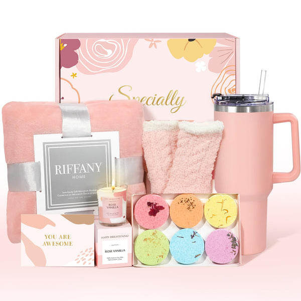 Self Care Gifts for Women, Unique Birthday Gifts for Women, Relaxing Spa Set Get Well Soon Basket Care Package with 300GSM Blanket 40Oz Tumbler