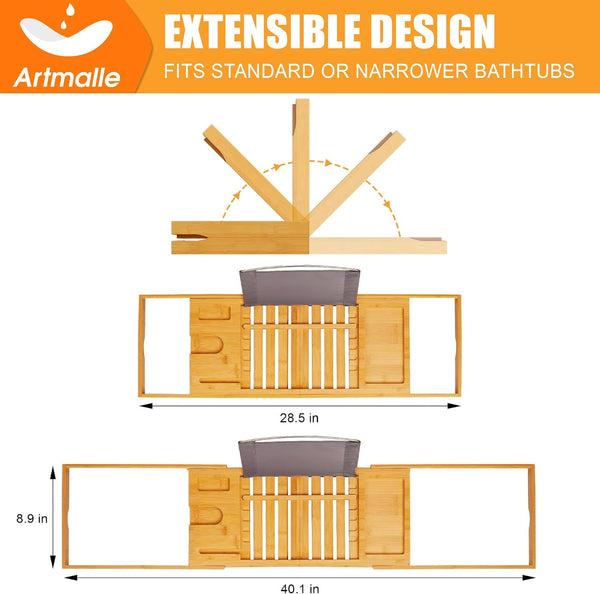 Artmalle Luxury Bathtub Caddy Tray for Tub - Foldable Bamboo Bath Table Tray with Book and Wine Glass Holder, Expandable Bathroom Accessories for