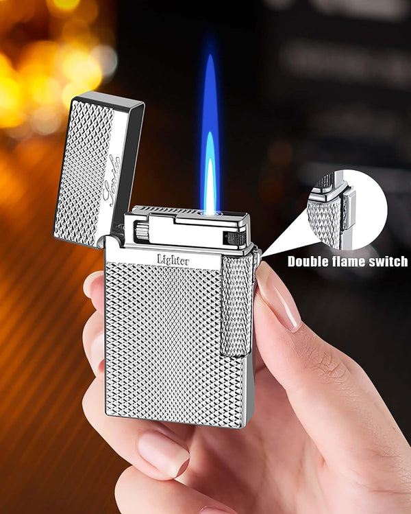 Dual Flame Mode Classic Lighter, Jet Torch Lighter Soft Flame Lighter 2 in 1 Windproof Refillable Butane Lighter for Men Dad Husband Collect,Black c