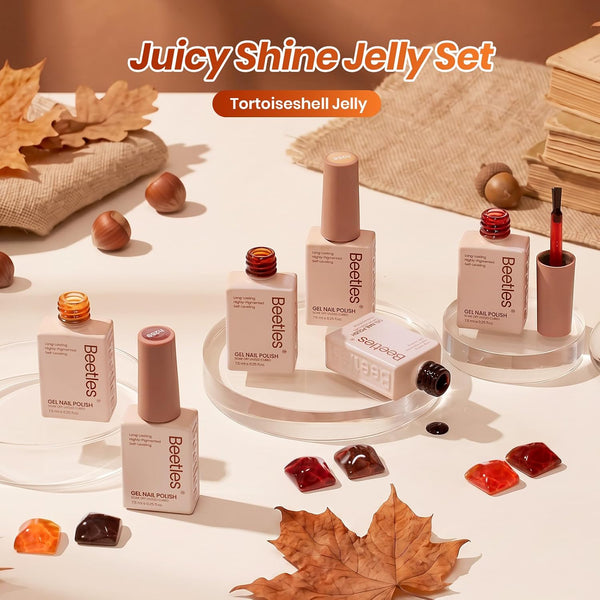 Beetles Jelly Tortoise Fall Nail Gel Polish Set 6 Transparent Fall Colors | Brown Amber Orange Carame Dark Red Pumpkin Gel Nail Polish Soak Off UV