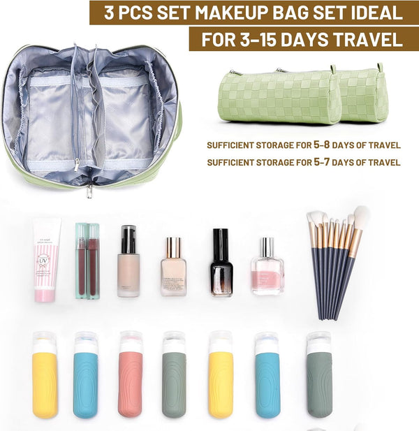 BOYATU Travel Makeup Bag Organizer: 3 Pcs Set Large Capacity Cosmetic Bags Holds 10–20 100ml Full-Size Bottles - 180°Open-Flat Make up Case 3-sec