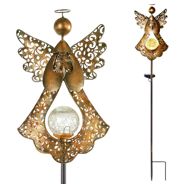 Starryfill Angel Stake Solar Lights with Crackle Glass Globe Waterproof Warm White LED, 40.5 inches Height Metal Bronze Stake Garden Patio Art