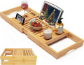 Foldable Bamboo Bathtub Caddy Tray Expandable for Luxury Bath, Bath Accessories & Table with Wine Glass Holder, Book Stand Bathroom Organizer with