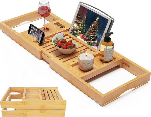 Foldable Bamboo Bathtub Caddy Tray Expandable for Luxury Bath, Bath Accessories & Table with Wine Glass Holder, Book Stand Bathroom Organizer with