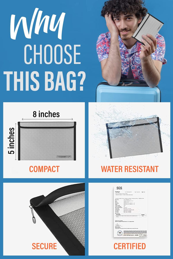 Fireproof Document Bag Envelope Size: 8" x 5" [2000°F Rated] Fireproof Cash Bags with Zipper Small Water and Fire Resistant Money Bag for Cash