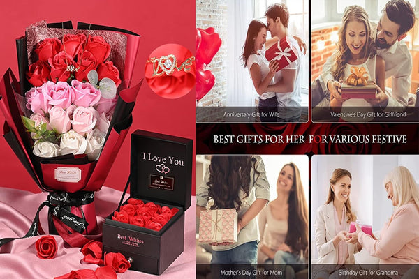 EIGHTOWN Roses Bouquet Artificial Flower - Preserved Red Rose Flowers with Love Necklace for Her - Unique Gifts Valentine's Day, Mother's Day,