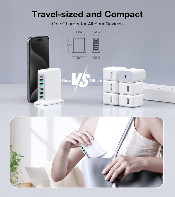 Charging Station for Multiple Devices, 45W 6 Port USB Charger Charging Block with 1 USB-C 5 USB-A Port, Power Strip Plug Charging Multi Travel