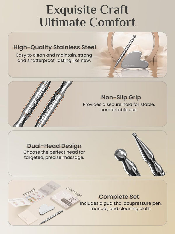 Rena Chris Stainless Steel Gua Sha and Acupuncture Pen, Manual Reflexology Tools for Muscle Tension and Pain Relief, Acupressure Pen and Gua Sha