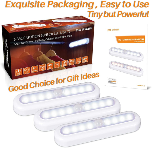 STAR-SPANGLED 3 Pack 7” Motion Sensor Lights Indoor Battery Operated, Stick on LED Light for Closet, Stairs, Under Cabinet, Cool White 7 inch,