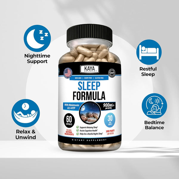Kaya Naturals - Sleep Support Formula with Melatonin - Aid Support Vitamin Supplement - Sleep Stress and Mood Support - L-Tryptophan, Passion