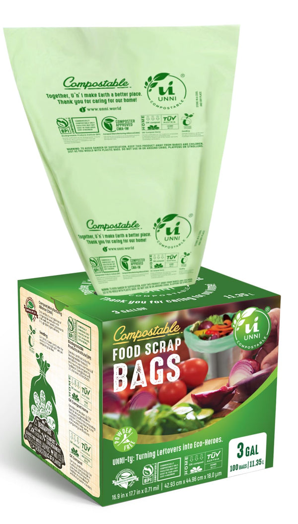 UNNI Compostable Liner Bags, 3 Gallon, 11.35 Liter, 100 Count, Extra Thick 0.71 Mil, Small Kitchen Food Scrap Waste Bags, ASTM D6400, US BPI, CMA