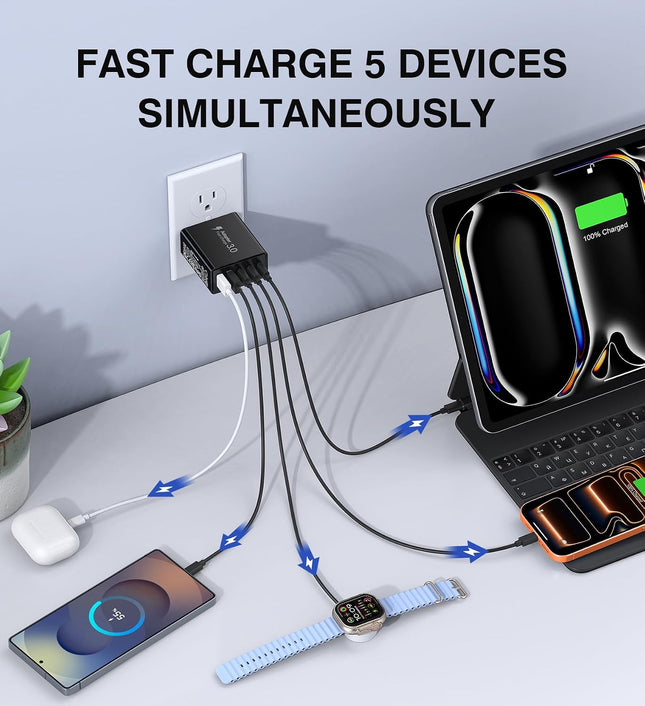 [2‑Pack] 60W 5‑Port Multiport USB‑C Wall Charger, PD3.0 Fast Charging Block Blac
