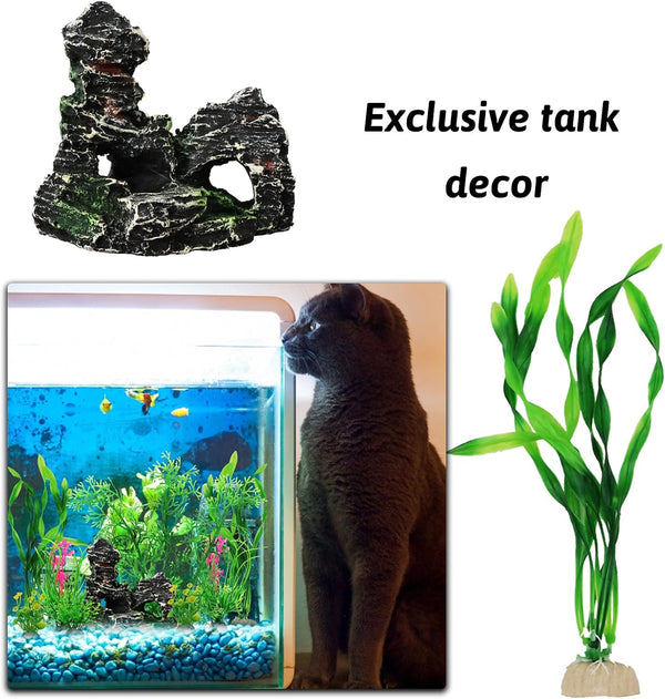 Fish Tank Accessories Aquarium Decorations Plants, 9Pcs Green Fish Tank Decorations Plants and Cave Rock Decoration Decor Set, Aquarium Decor