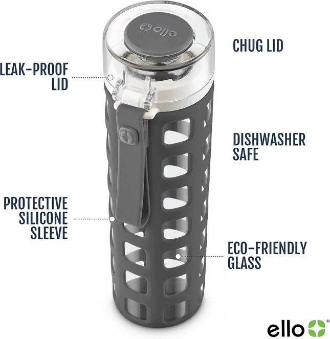 Ello Syndicate 20Oz Reusable Glass Water Bottle with One-Touch Leak Proof Flip L