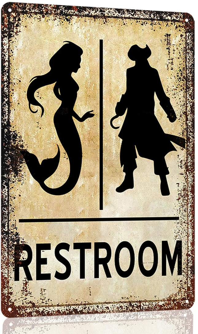 Funny Bathroom Sign Mermaid Pirate Restroom Door Sign Bathroom Wall Art Decor Vintage Metal Tin Signs Mermaid Decor Beac