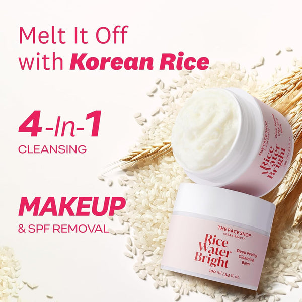 The Face Shop Rice Water Bright Cleansing Balm, 4-In-1 Makeup Remover, for Dry & Sensitive Skin, Made with Korean Rice & Lavendar Oil, Korean