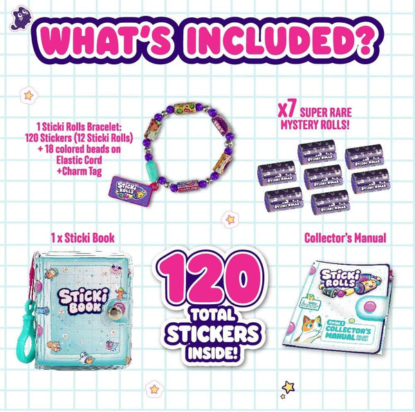Sky Castle Sticki Rolls Sticker Book Bracelet - 120 Holographic Stickers | Series 2, 50 Laminated Activity Pages, Collectible Kawaii Designs, Ages