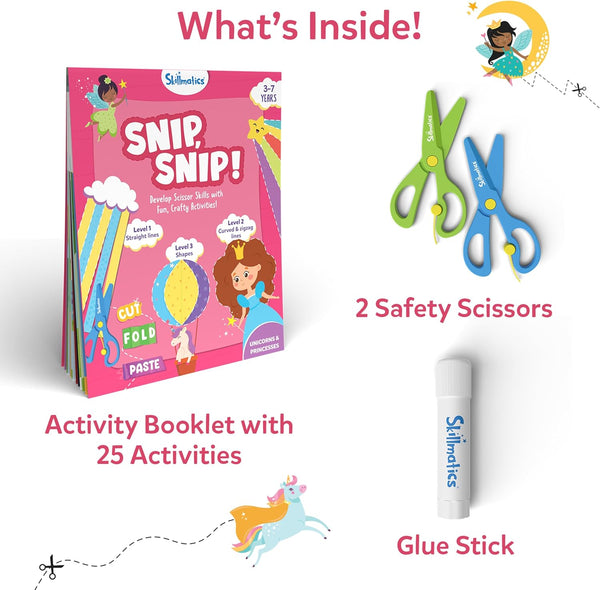 Skillmatics Scissor Skills Activity Book - Snip Snip Unicorns & Princesses, 25 Fun Cutting & Creative Activities for Preschoolers, 2 Child-Safe