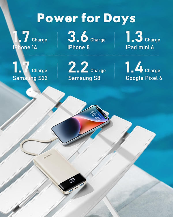 Portable Charger with Built in Cables, Portable Charger with Cords Wires Slim 10000Mah Travel Essentials Battery Pack 6 Outputs 3A Fast Charging