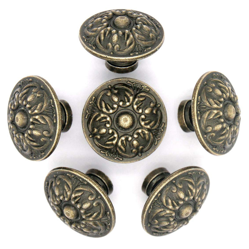LXZ 6 PCs Vintage Antique Brass Knobs Handles Pulls with Flower Pattern for Cabinet Drawer Door, Diameter 1.3" (3.4 cm) Large
