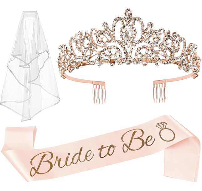 JETKONG 3 Pcs Bachelorette Party Decorations Bridal Shower Crown, Bride to Be Sash&Veil for Women Bachelorette Party Gif