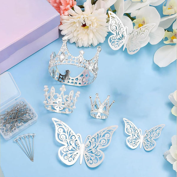 Flower Bouquet Accessories Including 4Pcs Crown Cake Topper Mini Tiara,12 Butterfly Decorations and 50Pcs Bouquet Pins for Birthday Wedding Silver