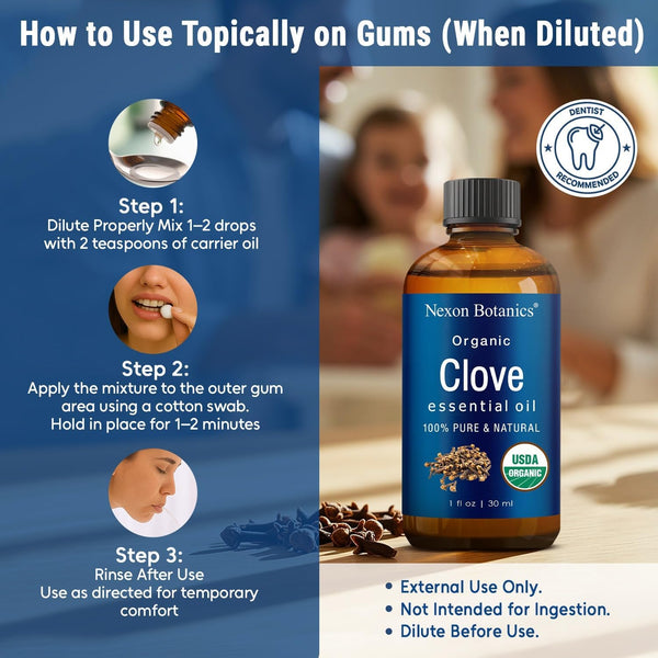 Organic Clove Essential Oil 30 ml - Pure, Natural, Undiluted for Toothache | Topical Clove Bud Essential Oil for Sore Muscles, Skin & Hair Care -