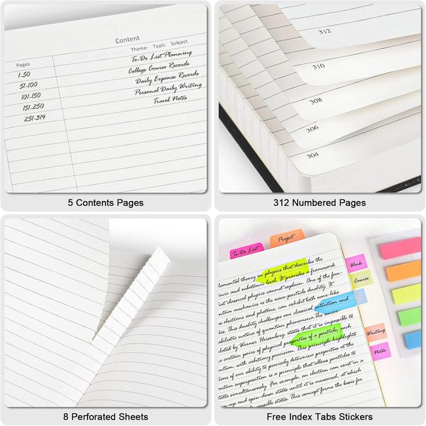 College Ruled Notebook A5, 312 Numbered Pages Diary, Lined Leather Journal Black A5