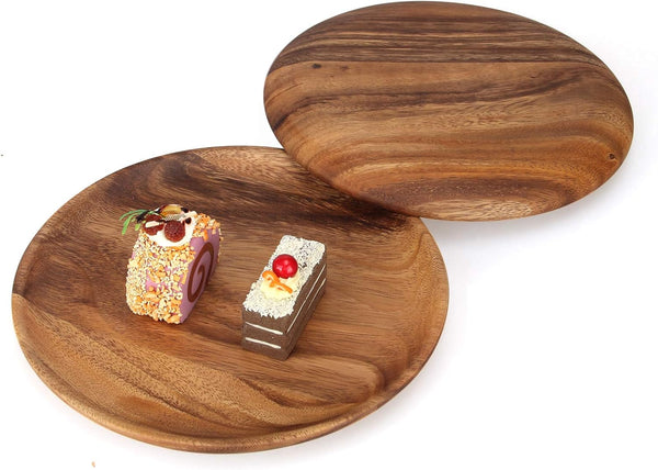 2 Pcs 10 Inch Acacia Wood Dinner Plates Set for Eating Wooden Round Charcuterie Boards Kitchen Serving Platters for Food Dishes Cheese Tray