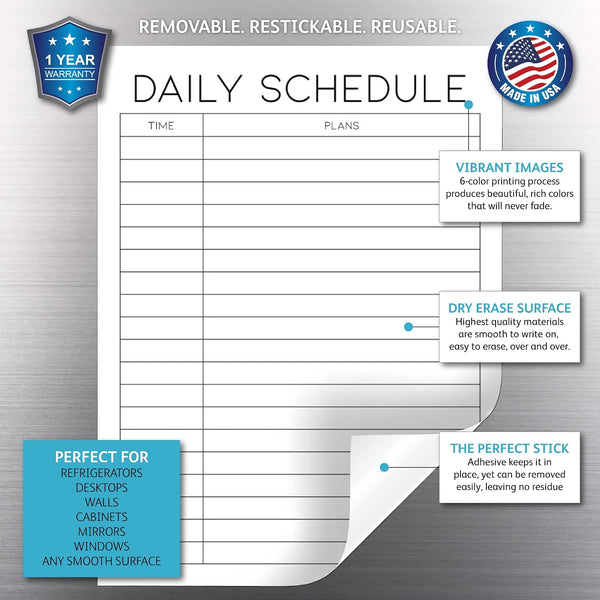 Dry Erase Daily Schedule Planner Sticker Decal by Glassboard Studio | Removable & Reusable | Magnetic Fine-Tip Marker Included (9 x 12 inches,