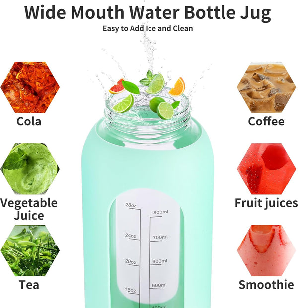 64 Oz Glass Water Bottle with Straw and Handle, Half Gallon Sports Motivational Water Jug Flask with Silicone Sleeve, Large Water Cup with Time
