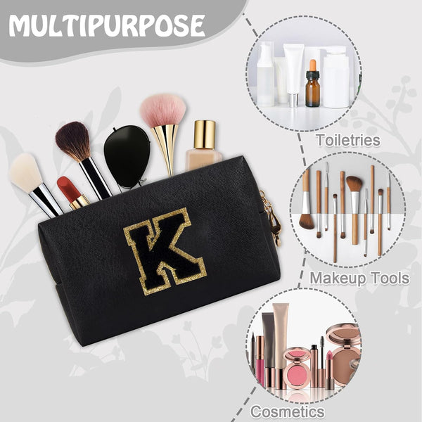 Personalized Small Preppy Makeup Bag, Chenille Letter Black Initial Cosmetic Zipper Pouch Toiletry Organizer, Waterproof PU Leather Make Up