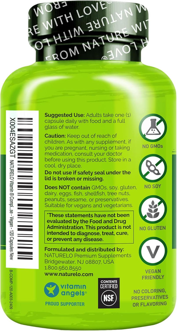 NATURELO Vitamin B Complex with Methyl B12, Methyl Folate, Vitamin B6, Biotin plus Choline, Coq10, and Fruit & Vegetable Blend - Supports Energy &