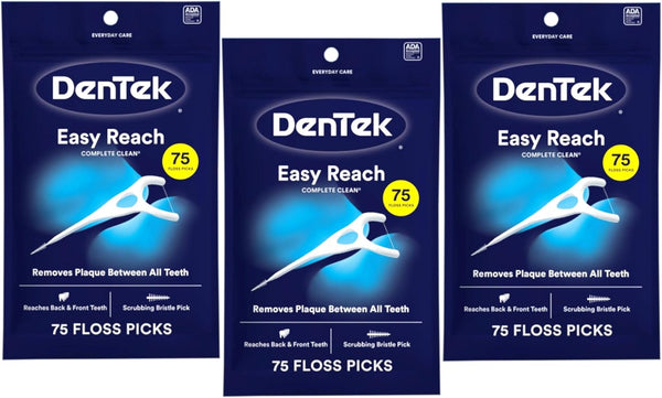 DenTek Complete Clean Easy Reach Floss Picks, No Break & No Shred Floss, 75-Count, 3 Pack 75 Count (Pack of 3) Picks