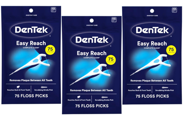 DenTek Complete Clean Easy Reach Floss Picks, No Break & No Shred Floss, 75-Count, 3 Pack 75 Count (Pack of 3) Picks