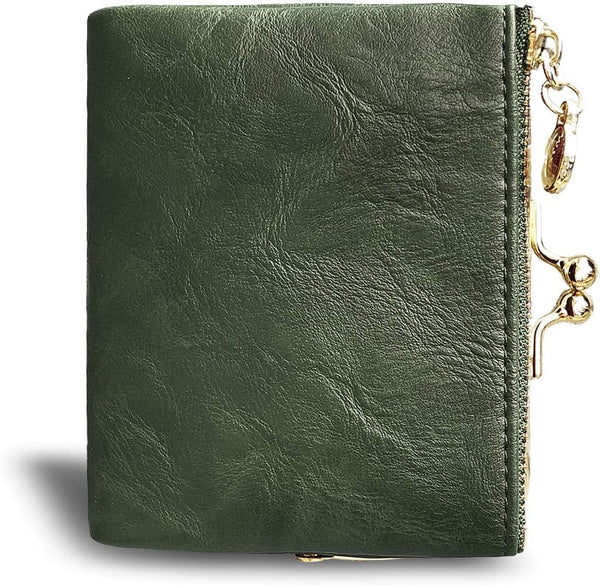AOXONEL Womens Wallet Small Rfid Ladies Compact Bifold Leather Vintage Coin Purse With Zipper and Kiss Lock Green