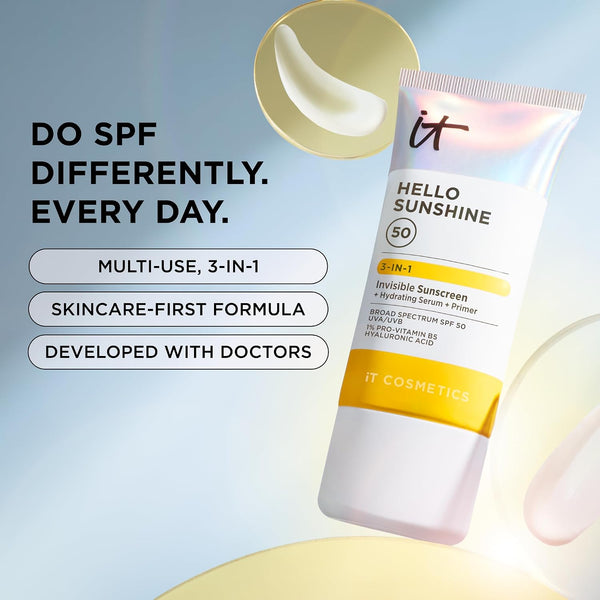 IT Cosmetics Hello Sunshine Hydrating Sunscreen SPF 50 (1.69 fl oz) | 3-in-1 Daily Face Sunscreen + Hydrating Serum + Makeup Primer - No White