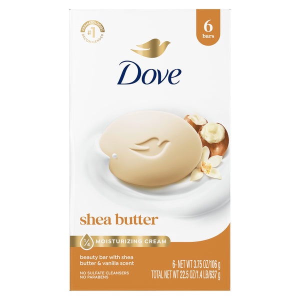 Dove Beauty Bar Soap 6 Bars Shea Butter, for Nourished, Radiant Skin, Enriches Skin 3.75 oz 3.75 Ounce (Pack of 6) Vanilla