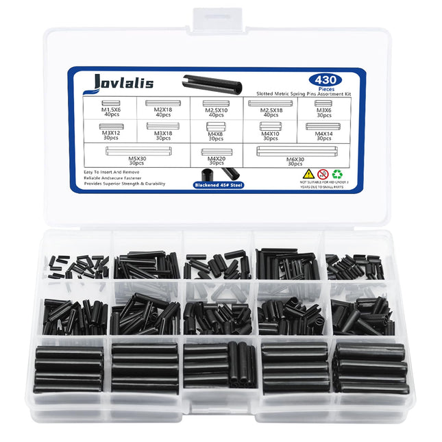430 Pcs Roll Pin Set, Slotted Metric Spring Pins, Steel Split Expansion Pin M1.5 M2 M2.5 M3 M4 M5 M6, Spring Dowel Tensi
