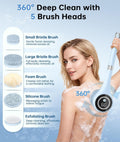Electric Body Brush Back Scrubber for Shower, Waterproof Rechargeable Auto Bath Brush with Long Handle, 5 Replaceable Heads & 3 Speeds, Deep