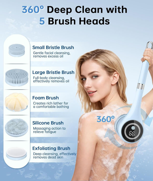 Electric Body Brush Back Scrubber for Shower, Waterproof Rechargeable Auto Bath Brush with Long Handle, 5 Replaceable Heads & 3 Speeds, Deep